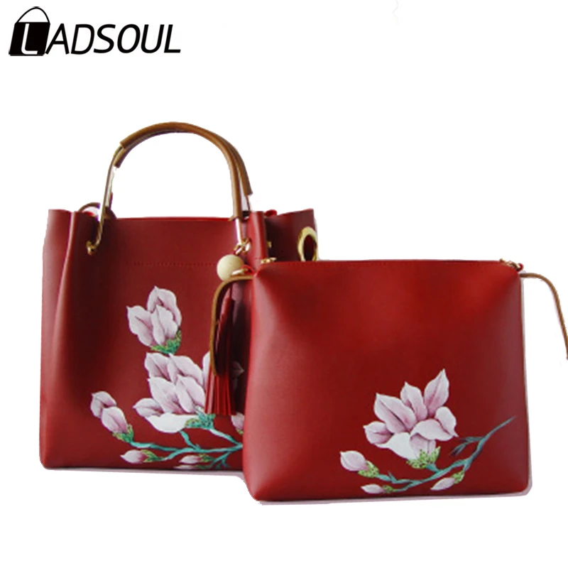 

LADSOUL Handbag Chinese Style Women PU Leather Handbags Lady Flower Shoulder Zipper Hand Painted Girls Composite Bag A4624/h