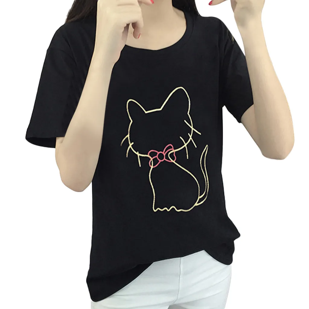 Women Blouse 2019 Womens Ladies Regular Short Sleeve Round Neck Cat Printing Blouse