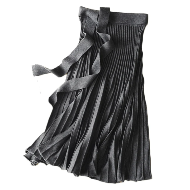 Sparsil, Женская Весенняя вязанная шерстяная плиссированная длинная юбка, зима-осень, трапециевидная юбка с бантом и поясом, до середины икры, офисные женские вязаные юбки - Цвет: gray