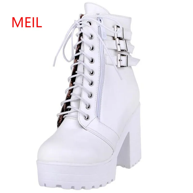 

New Short Boots Female Spring and Autumn High Heel Thick and Thick Bottom Boots White Casual Lounge Single Zipper Boots