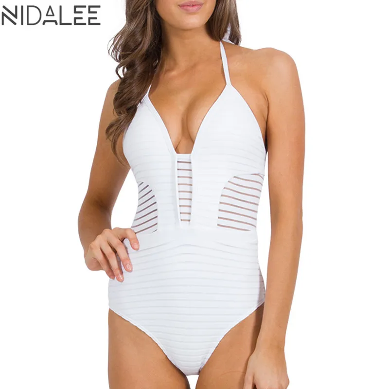 

NIDALEE 2017 One Piece Swimsuit Women Sexy Mesh Swimwear Hollow Out Bodysuit Bathing Suit Cut Out Monokini Push Up