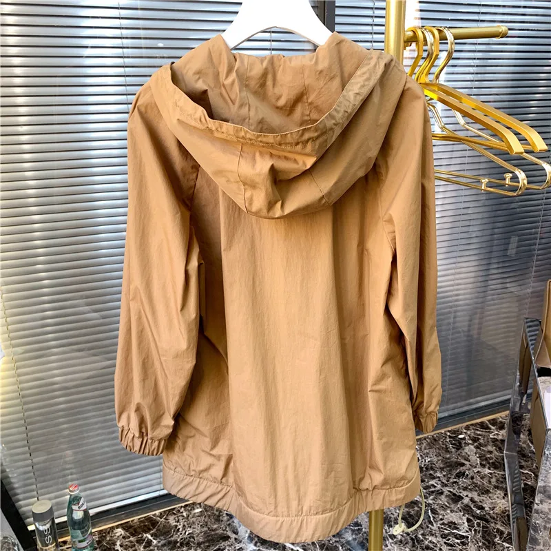 

Hardware Windproof and Waterproof Winter and Summer 2019 Khaki Camel Cap Heavy Industry Jacket Windbreaker Jacket Women Coat