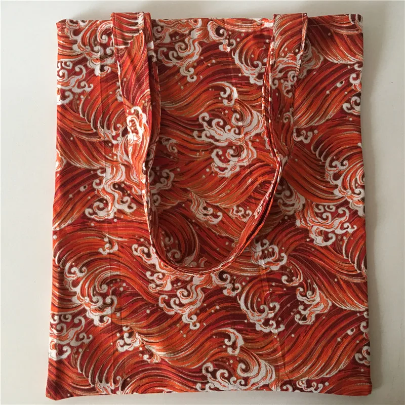

YILE Cotton Linen Shoulder Bag Eco Shopping Tote Print Red & Blue Sea Wave Spray 1732-1