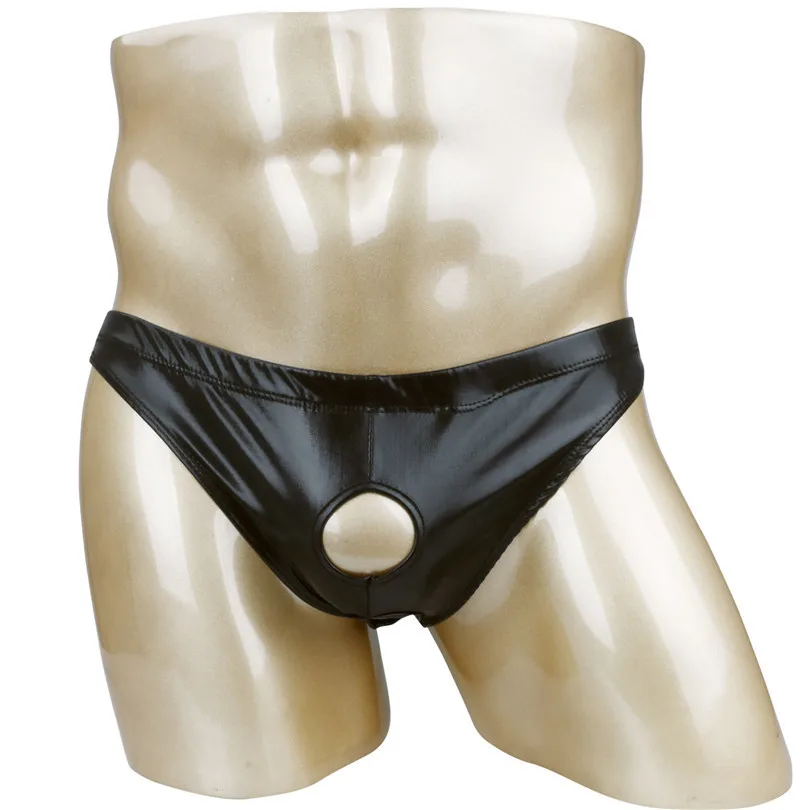 Mens Male Lingerie Sexy Mens Shiny Patent Leather Bikini Briefs Jockstrap Gay Open Butt Underwear with Sexy Holes