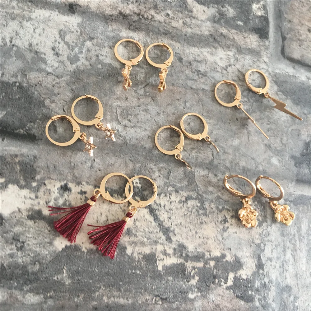 

GIRLY GOLD COLOR PLATING STAR MOON CROSS TASSEL FLOWER CHARM SMALL HOOP EARRING SET FOR WOMEN GIRL