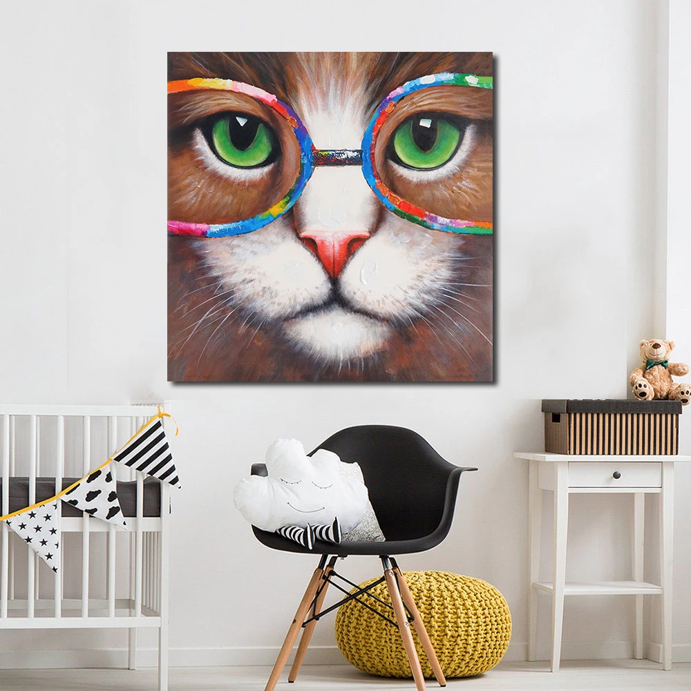 JQHYART Wall Art Picture Animal Cat With Glasses Printed Canvas