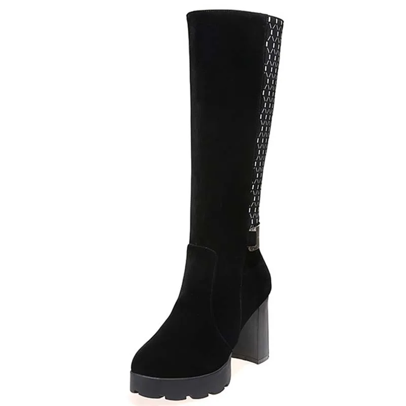 

Big Size 34-43 PU Leather Mid-Calf Round Toe Zip Square High Heel Soft Leather Boots For Women 2-color New Fashion Boots