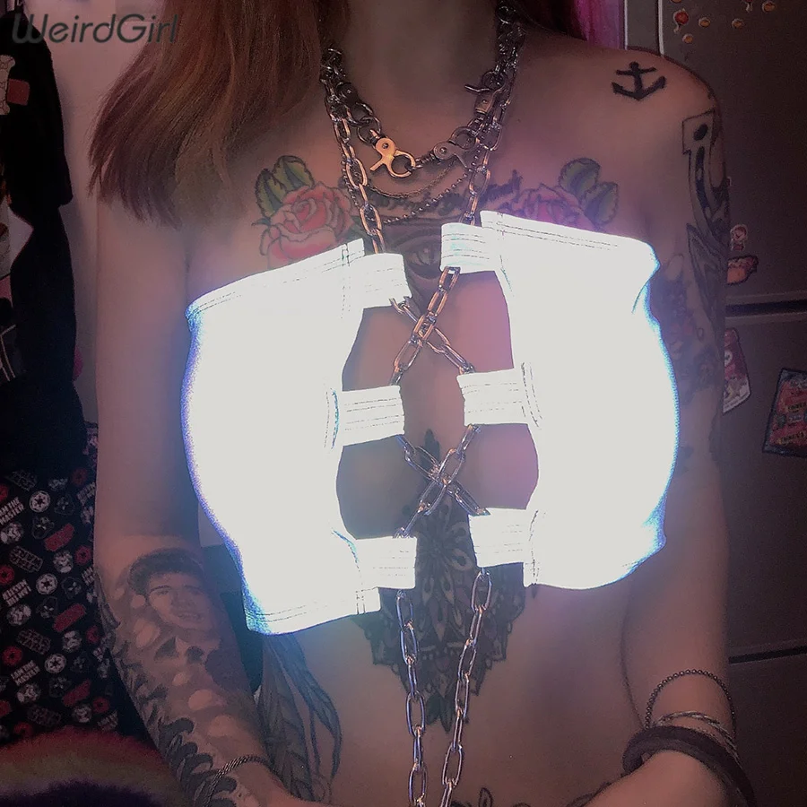 

Weirdgirl women Reflective camis multicolor sexy club party crop tops Chain hollow out Sleeveless slim summer tops new 2019