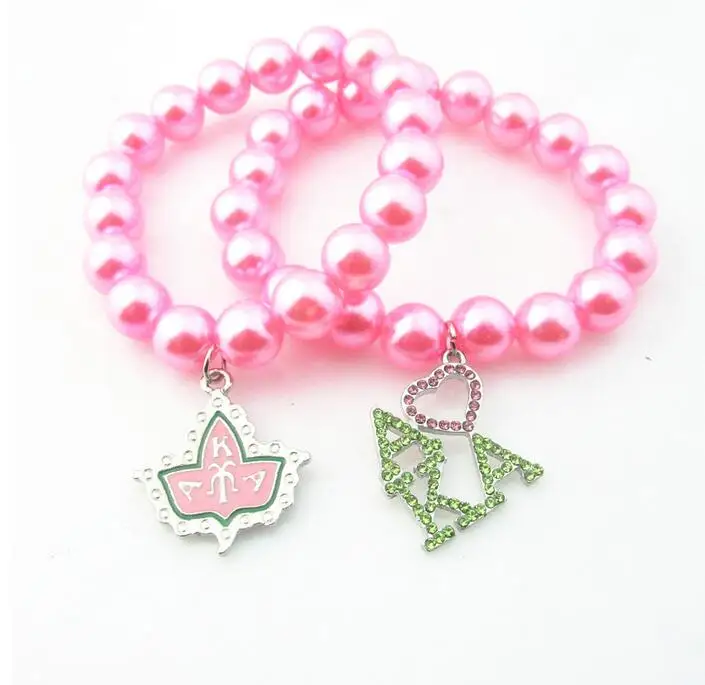 

High quality Pink green rhinestone bead Elastic bracelet Leaf shape AKA Sorority Crest charm souvenir gift for women jewelry