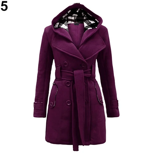 Новая женская модная теплая куртка с капюшоном двубортная Длинная ветровка с поясом - Цвет: Фиолетовый