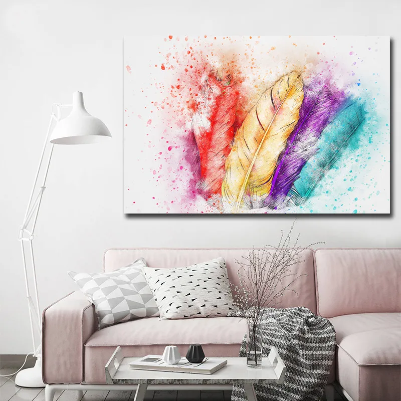 GOODECOR Wall Art Picture Canvas Prints Colorful Feather Painting Big Size One Piece Pictures Art For Home Decor No Frame