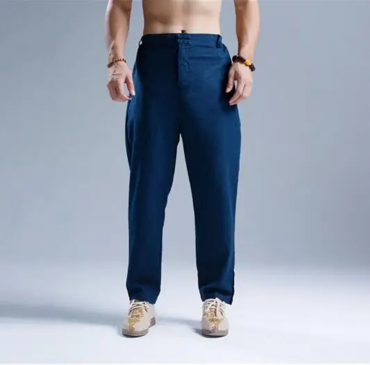 Men's Cotton Linen Pants Breathable Double Chinese Button Casual Linen ...
