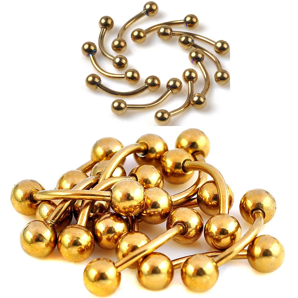 18G 20pcs Gold Stainless Steel Curved Barbell Ball Eyebrow Bar Rings Body Piercing Jewelry ball size 3/4mm | Украшения и