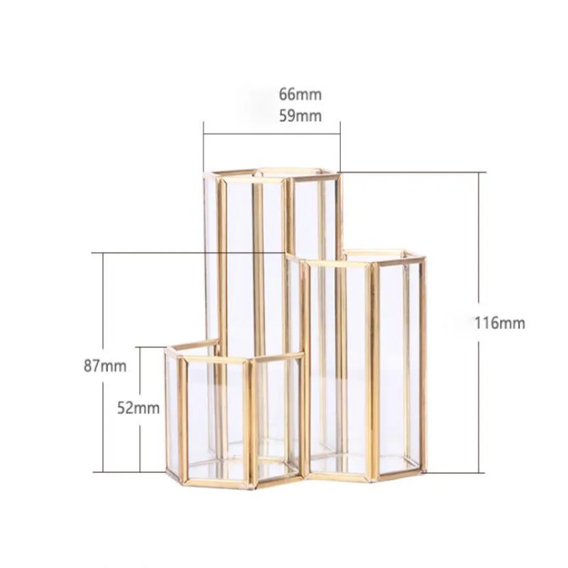 Металлический шестигранный композитный держатель для ручек, Кисть для макияжа, стеклянная коробка, многофункциональный настольный органайзер