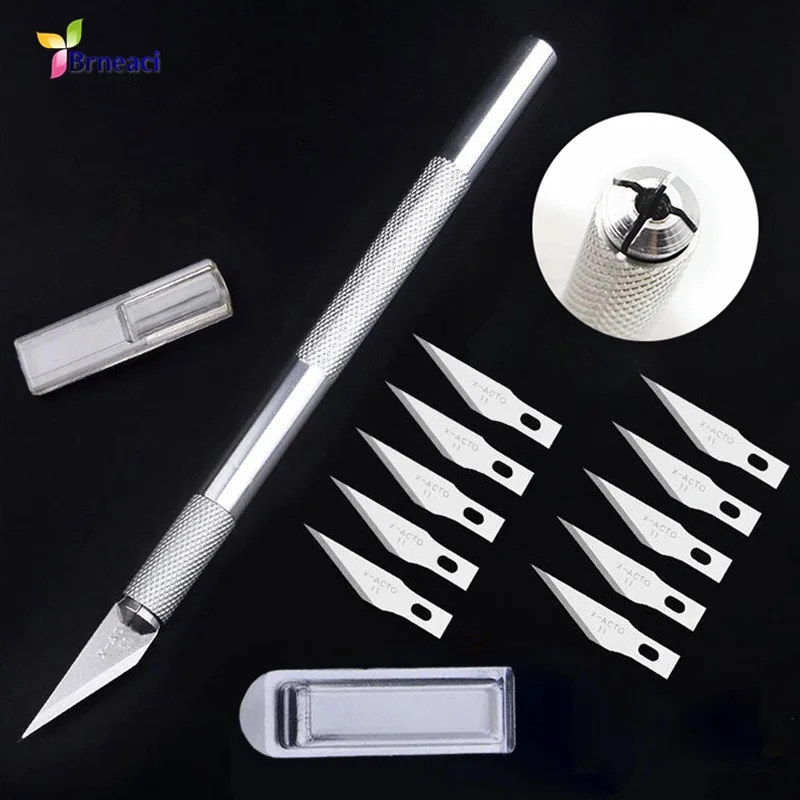 

11pcs Stainless Steel Blade Non-slip Aluminum DIY Carving Knife Mobile Phone CPU PCB Degumming Knife Crafts Cutting Knife Model