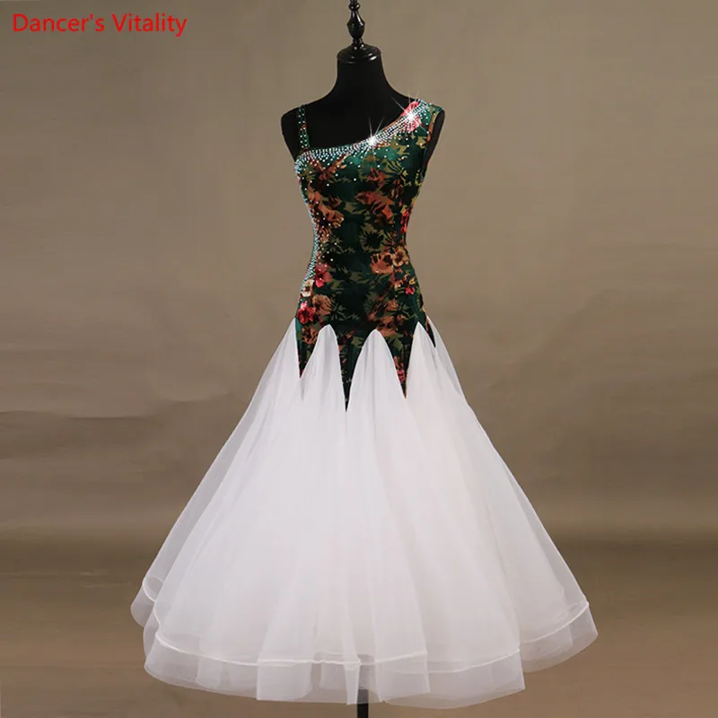 

New Women Standard Ballroom Dancing Dress Organza Dresses Sexy Stage Sparkly Diamond Dance Costumes Flamenco Waltz Dance Dress