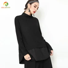 Женские Лоскутные свободные топы; футболка Для женщин Стенд Повседневное Топы Для женщин боковой молнии черный с длинным рукавом футболки для девочек