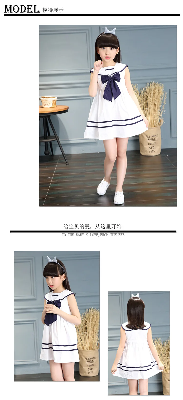 3-12 y girls summer dress sleeveless a-line dresses girl navy style kids dresses for girls princess dress big bow  (1)