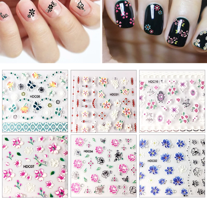 24 шт./лот стикеры 3D на ногти Nail Art цветок+ стразы маникюр-наклейки для ногтей украшения ногтей переводные наклейки@ NL40