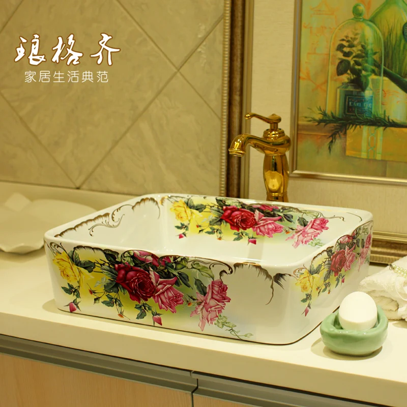 Jingde ceramic bathroom wash basin, art basin square roses