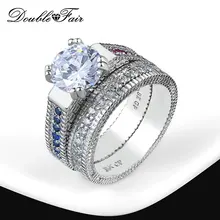 Двойное яркое белое круглое кольцо Набор для женщин, полностью CZ камень, брендовые Роскошные обручальные кольца, Классические Свадебные Кольца DZR008