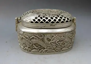 

China silver handwork carved beautiful two dragon play bead Teapot fine Statue