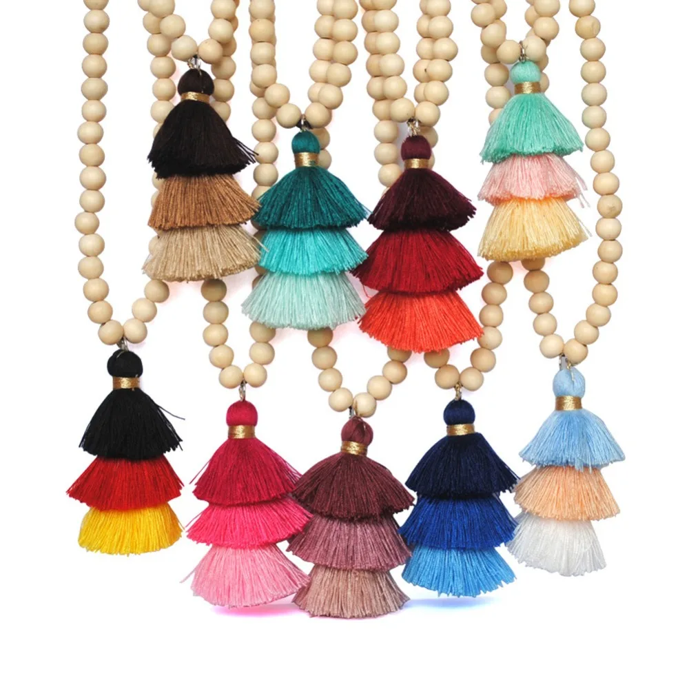 

Tassel Festival Necklace Ivory White Natural Wood Beads Necklace 3 Cotton Layered Tassels Long Boho Yoga Necklace #279318
