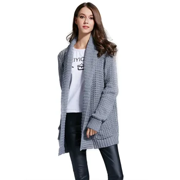 

Solid Color Long Cardigans Winter Open Stitch With Pockets Women Coat Warm V Neck Causual Knitted Sweaters 2018
