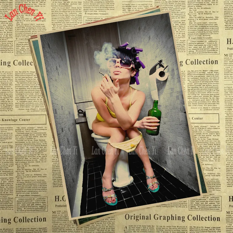 Мода сексуальная женщина курить в туалете крафт бумага плакат офис подарок столовая домашний Декор стикер дизайн