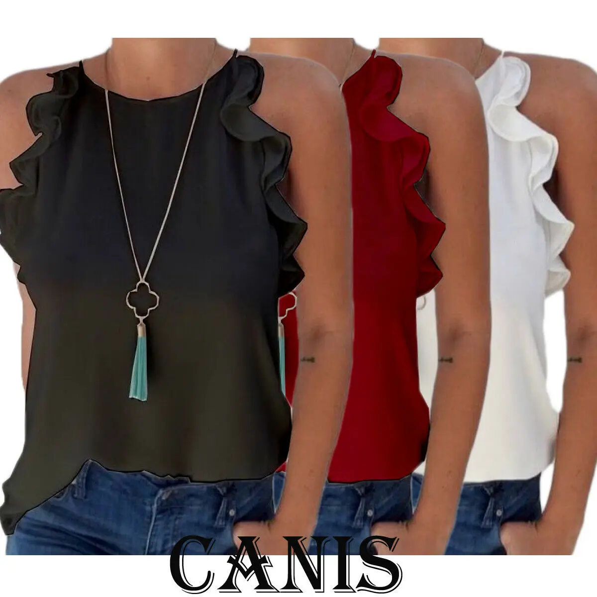 

Fashion Girl Solid Color Blouse Women Casual Chiffon Shirt Sleeveless Ruffle Sleeve Shirt Summer Tops Black White