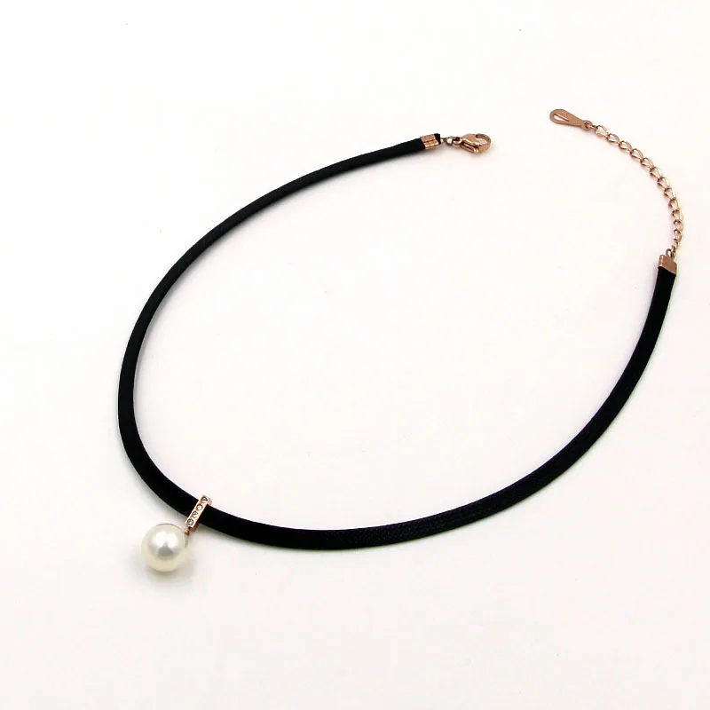 

Martick Simple Black Rope Choker Necklace With Round Freshwater Pearls For Woman Jewelry 30+5cm P121