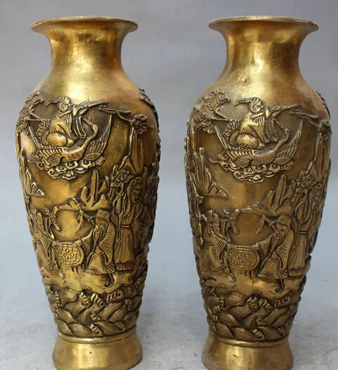 

S07177 10" Chinese Brass Folk 8 Immortal God BaXianGuoHai Statue Flower Pot Vase Pair discount 30% (C0324)