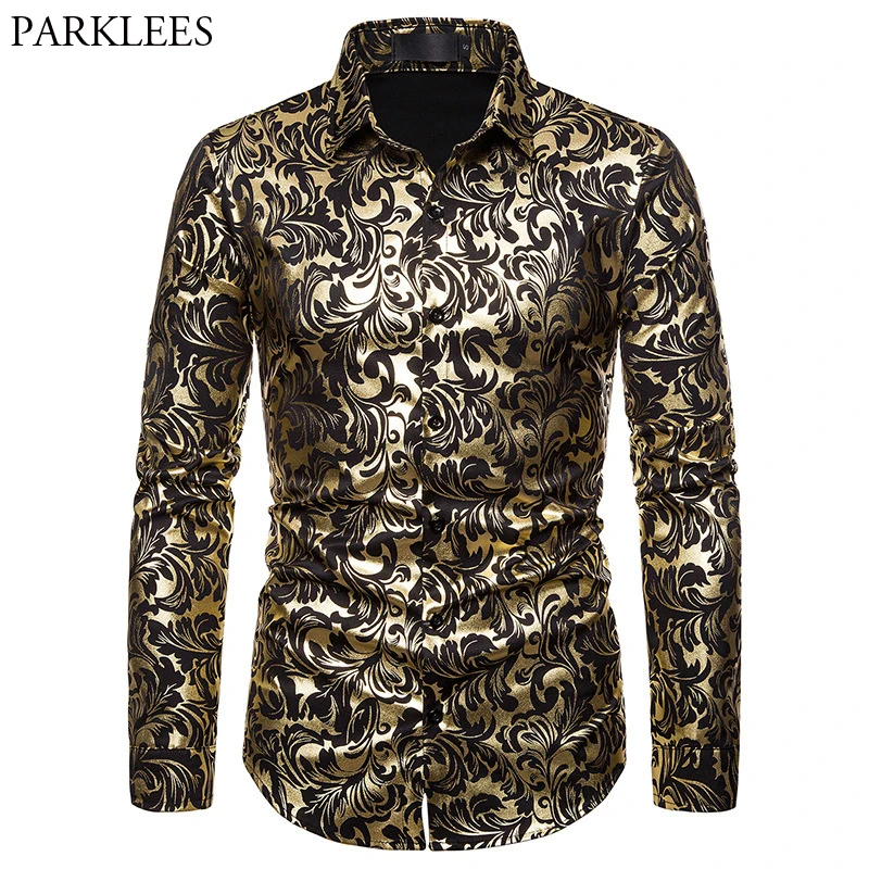 Men Luxury Print Dress Shirt Luxury Gold Print Shirt Men Mens