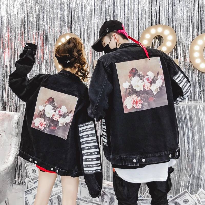 

Rose Flowers painted printing Men Denim Jacket Cartoon Graffiti Print Loose Coats Vintage Hip Hop Leisure Outerwear