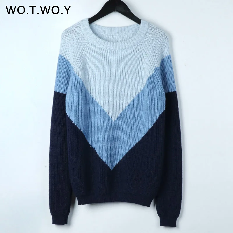 S922blue WOTWOY, Осень-зима, контрастный цвет, женский свитер, Повседневный, с длинным рукавом, пуловеры, для женщин, с круглым вырезом, вязаные топы, женский джемпер, мягкий - Цвет: S922blue
