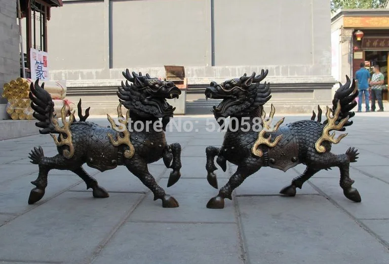 

China Pure Bronze Foo Dog Dragon Lion Fire kylin Lucky statue Pair