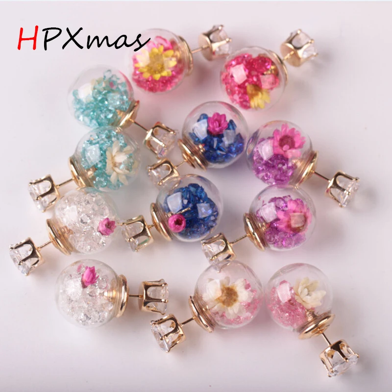 

HPXmas New Sunflower Yellow Red Crystals in Glass Ball Double Sided Dual purpose Stud Earrings Jewelry for Women Ladies Gift A90