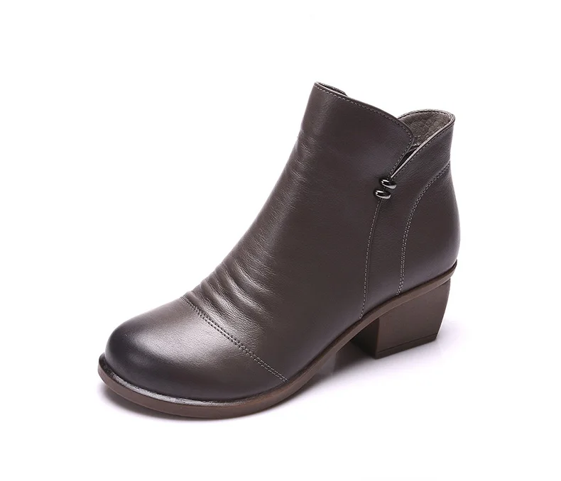 Женские Ботильоны на каблуке, повседневная обувь на молнии, женские ботинки черного и серого цвета, 100% натуральная кожа, большой размер 40