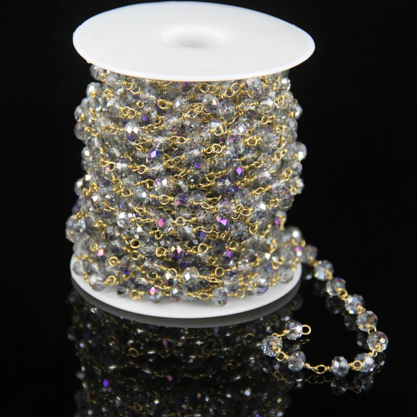 

Purple Gray Titanium Glass Faceted Rondelle Beads Chains,Rosary Plated Golden Wire Wrapped Link Bracelet Supplies Necklace Bulk