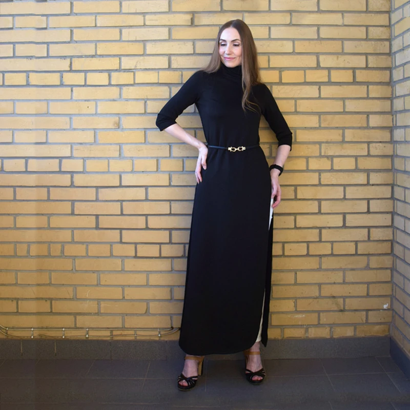 Женское модное платье размера плюс, асимметричное платье в западном стиле, пуловер с высоким воротом, стрейчевое Черное Трикотажное длинное платье