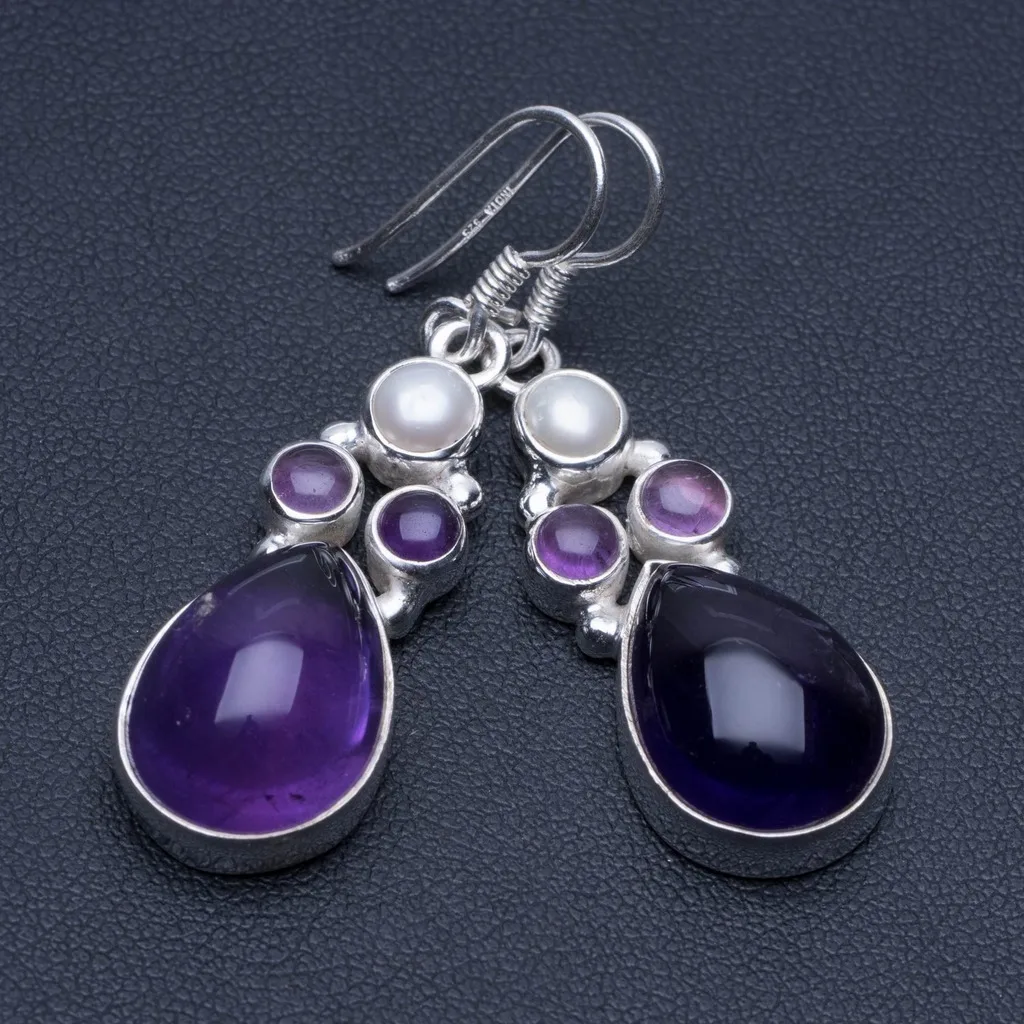 

Natural Amethyst and River Pearl Unique Punk Style 925 Sterling Silver Earrings 1 3/4" P1613