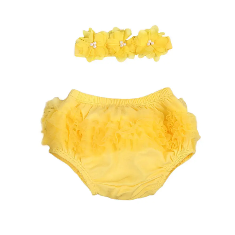 Милые Кружевные штаны с рюшами для новорожденных девочек повседневное нижнее белье повязки на голову для младенцев 2 шт. реквизит для фотосессии - Цвет: Цвет: желтый