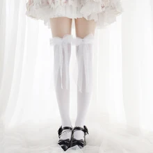 Популярные универсальные милые женские бархатные носки в стиле Лолиты кружевные банты хорошего качества, носки до середины икры цвет белый и черный