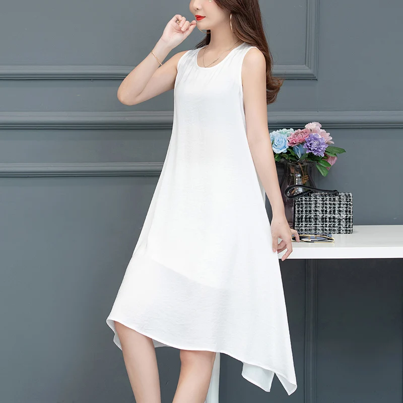 

Summer new women's dress woman irregular round neck chiffon dress sleeveless vest solid color plus size S-5XL