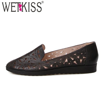 

WETKISS 2018 Fashion Casual Women Flats Round Toe Slip On Flat Sole Shoes Cow Leather Footwear New Cutout Autumn Female Shoes