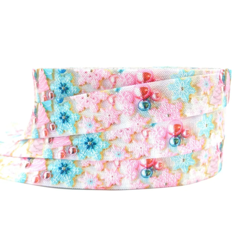

10 Yards Christmas Double Color Snowflakes bell Fold Over Elastic 5/8" FOE Ribbon For Elastic Hair Band Hair Accessory wholesale