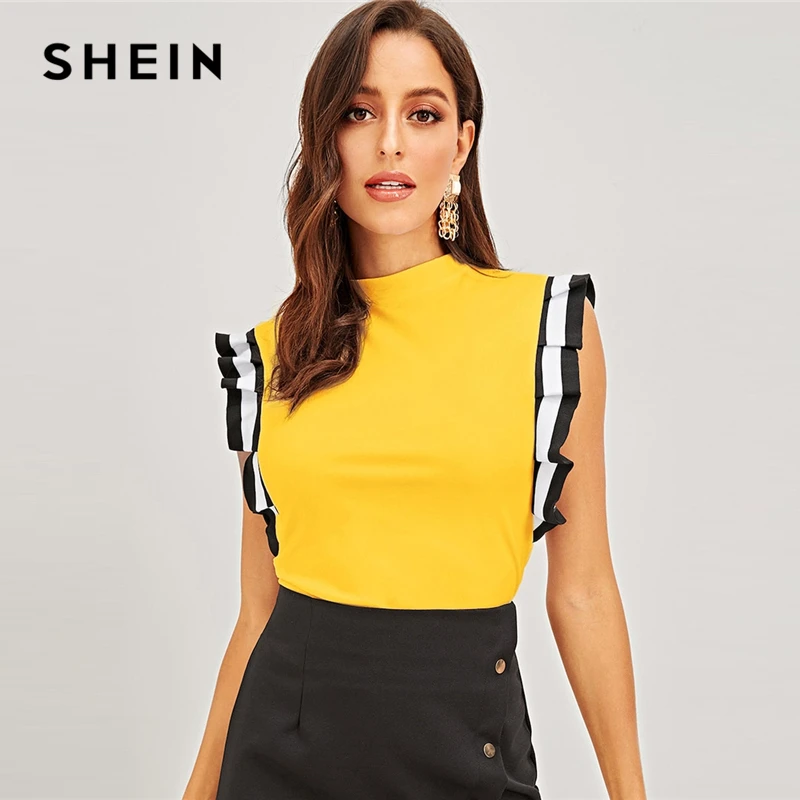 SHEIN الأصفر موك الرقبة مخطط مطوي كشكش الكم أعلى النساء الوقوف طوق بلا أكمام تي شيرت السيدات الربيع بسط تيز SHEIN الأصفر موك الرقبة مخطط مطوي كشكش الكم أعلى النساء الوقوف طوق بلا أكمام تي شيرت السيدات الربيع بسط تيز