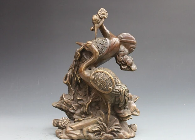 

wholesale factory 14"China Palace Fengshui Bronze Copper Evergreen Pine tree Two Crane Statue