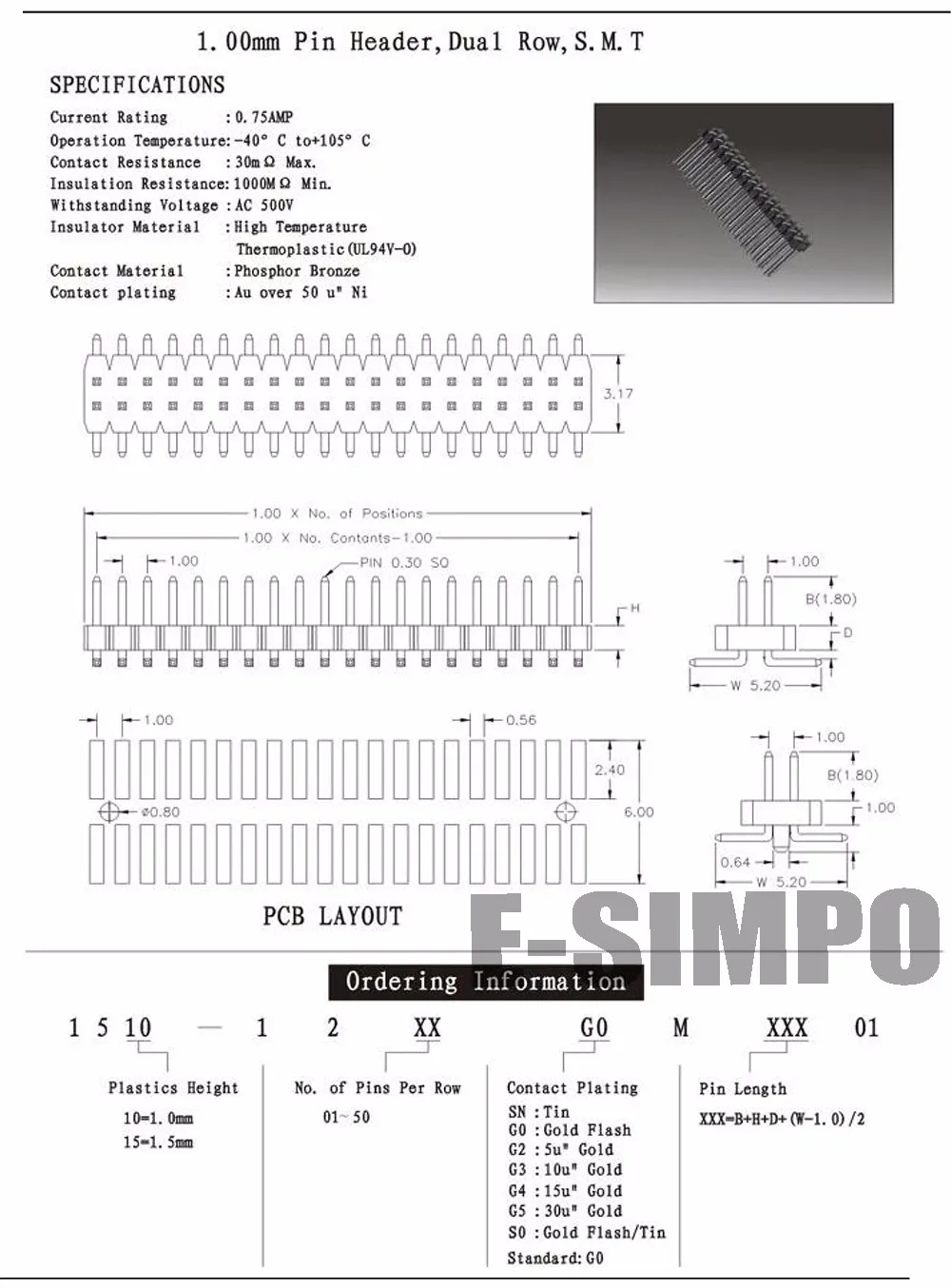 J2001-2 Pin Header,Dual Row,SMT