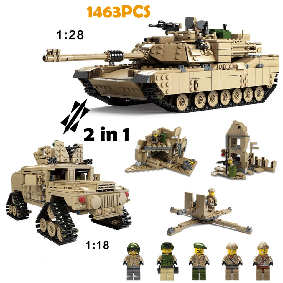 

2 In 1 Military Miniatures HUMMER M1A2 Tank Assemable Building Blocks Children Educational Assemble Model Bricks Gifts